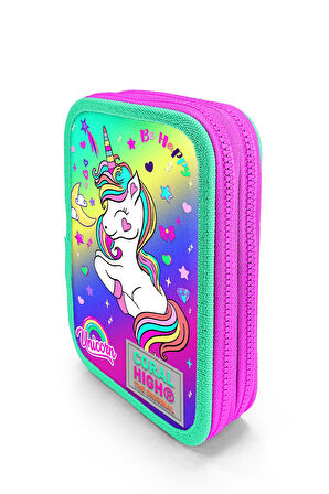 Coral High Kids Lavanta Su Yeşili Unicorn Desenli Çift Katlı Kalem Çanta 11129