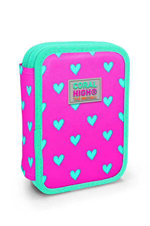 Coral High Kids Neon Pembe Su Yeşili Kalp Desenli Çift Katlı Kalem Çanta 11133
