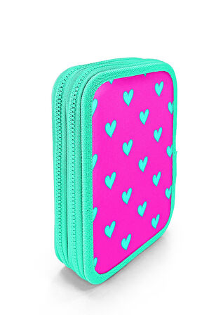 Coral High Kids Neon Pembe Su Yeşili Kalp Desenli Çift Katlı Kalem Çanta 11133