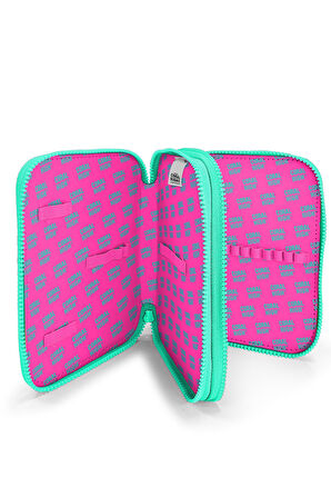 Coral High Kids Neon Pembe Su Yeşili Kalp Desenli Çift Katlı Kalem Çanta 11133