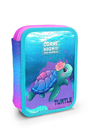 Coral High Kids Açık Pembe Mavi Kaplumbağa Desenli Çift Katlı Kalem Çanta 11134