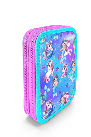 Coral High Kids Mor Pembe Unicorn Deniz Kızı Desenli Çift Katlı Kalem Çanta 11138