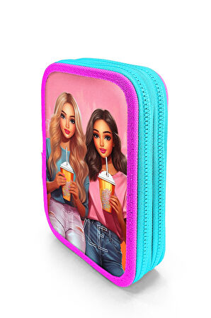 Coral High Kids Pembe Neon Mercan Fashion Girl Desenli Çift Katlı Kalem Çanta 11141 