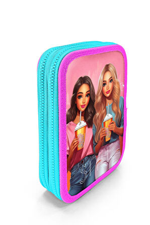 Coral High Kids Pembe Neon Mercan Fashion Girl Desenli Çift Katlı Kalem Çanta 11141 