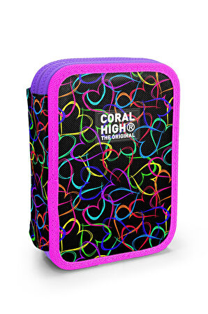 Coral High Kids Çok Renkli Kalp Desenli Çift Katlı Kalem Çanta 11145