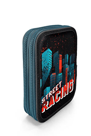 Coral High Kids Siyah Nefti Yarış Arabası Desenli Çift Katlı Kalem Çanta 11151