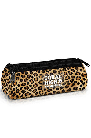 Coral High Kids Kahverengi Leopar Desenli Üç Bölmeli Kalem Çantası 11181