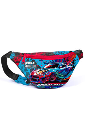 Coral High Kids Gri Mavi Yarış Arabası Desenli Bel Çantası 11528