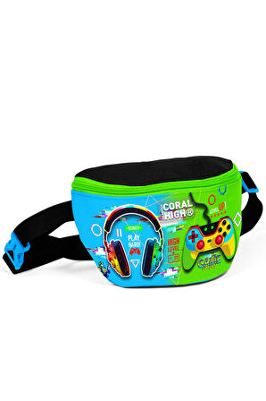 Coral High Kids Siyah Fosforlu Yeşil Kulaklık Game Desenli Bel Çantası 11559