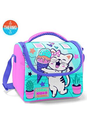 Coral High Kids Turkuaz Pembe Dondurmalı Kedi Desenli Thermo Beslenme Çantası 11751