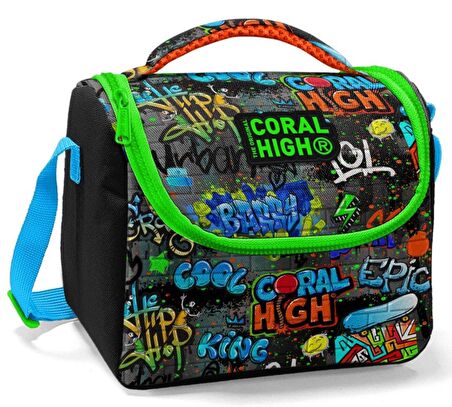 Coral High Erkek Çocuk Siyah Yeşil Grafiti İlkokul Okul Beslenme Çantası - Yalıtımlı