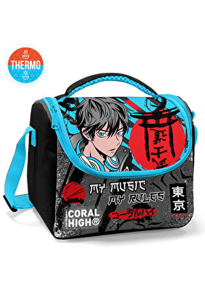Coral High Kids Siyah Mavi Anime Desenli Thermo Beslenme Çantası 11876