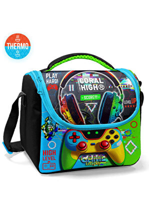 Coral High Kids Siyah Fosforlu Yeşil Kulaklık Game Desenli Thermo Beslenme Çantası 11877