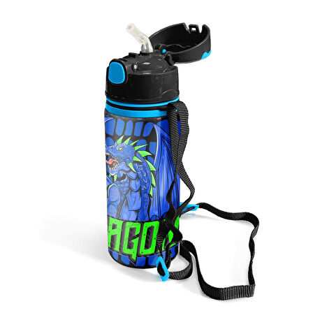 Coral High Kids Siyah Saks Ejderha Desenli Pipetli Alüminyum Matara 600 ml 11942