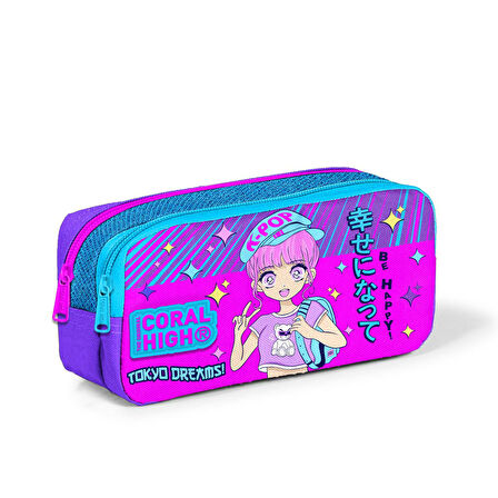 Coral High Kids Mor Pembe Mavi Simli K-Pop Desenli İki Bölmeli Kalem Çantası 12064