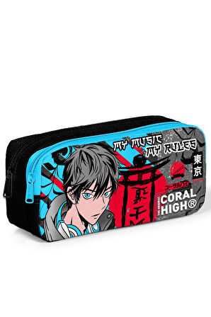 Coral High Kids Siyah Mavi Anime Desenli İki Bölmeli Kalem Çantası 12076