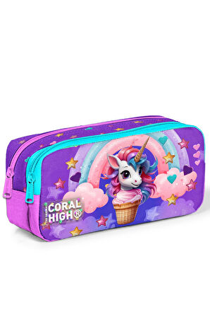 Coral High Kids Mor Pembe Unicorn Dondurma Desenli İki Bölmeli Kalem Çantası 12095
