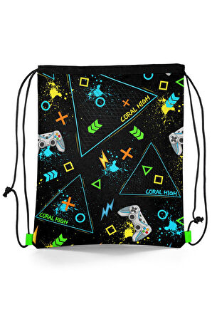 Coral High Kids Siyah Fosforlu Yeşil Gamer Desenli İpli Büzgülü Sırt Çantası 12655