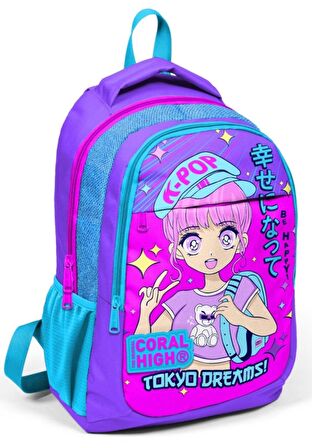 Coral High Mor Pembe Mavi K-Pop İlkokul ve Ortaokul Sırt Çantası Üç Bölmeli Kız Çocuk