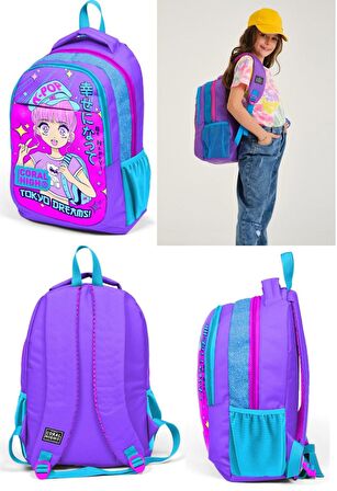 Coral High Mor Pembe Mavi K-Pop İlkokul ve Ortaokul Sırt Çantası Üç Bölmeli Kız Çocuk