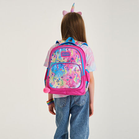 Coral High Kids Pembe Rengarenk Denizatı Desenli Üç Bölmeli Okul Sırt Çantası 14412