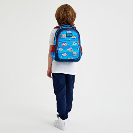 Coral High Kids Lacivert Mavi Gemi Desenli Üç Bölmeli Okul Sırt Çantası 14416