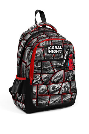 Coral High Kids Siyah Kırmızı Araba Desenli Üç Bölmeli Okul Sırt Çantası 14429