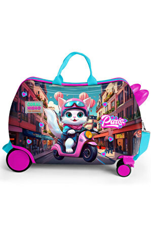 Coral High Kids Pembe Motorlu Kedi Desenli Otur-Çek Çocuk Valizi 16358