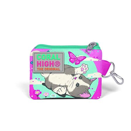 Coral High Kids Su Yeşili Pembe Kedi Desenli Bozuk Para Çantası 21807