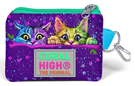 Coral High Mor Yeşil Kedi Desenli Bozuk Para Çantası - Kız Çocuk