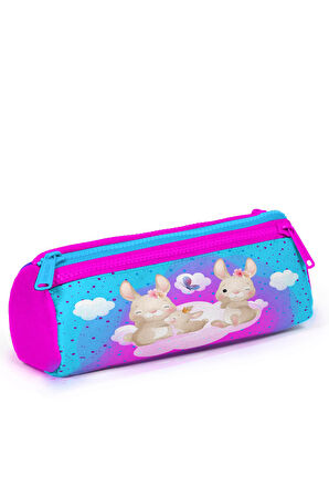 Coral High Kids Mavi Pembe Tavşan Desenli Üç Bölmeli Kalem Çantası 22036