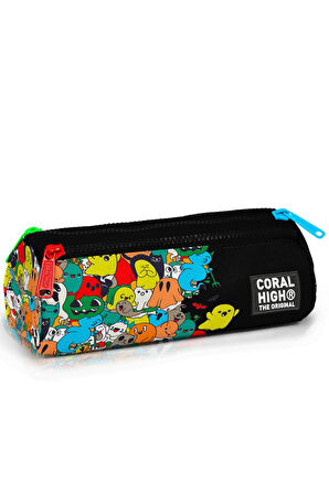 Coral High Kids Siyah Karikatür Desenli Üç Bölmeli Kalem Çantası 22090