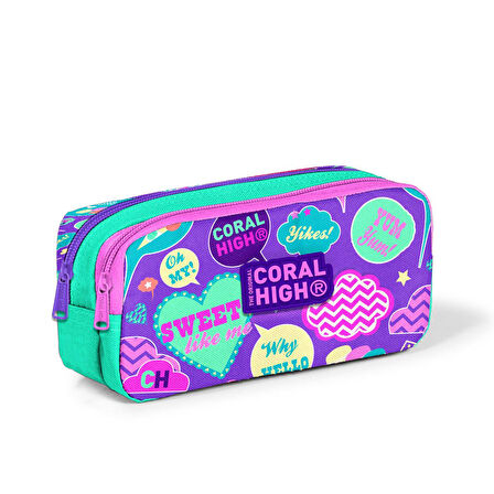 Coral High Kids Su Yeşili Mor Desenli İki Bölmeli Kalem Çantası 22159