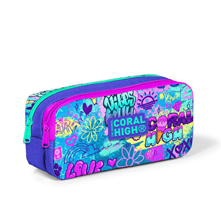 Coral High Kids Lavanta Su Yeşili Grafiti Desenli İki Bölmeli Kalem Çantası 22160