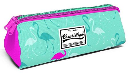 Coral High Üç Gözlü Yeşil Pembe Flamingo Kalem Çantası - Kalın Fermuarlı - Kız Çocuk