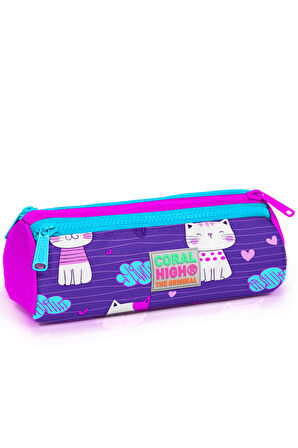 Coral High Kids Mor Kedi Desenli Üç Bölmeli Kalem Çantası 22304