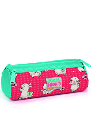 Coral High Kids Neon Mercan Su Yeşili Alpaka Desenli Üç Bölmeli Kalem Çantası 22308