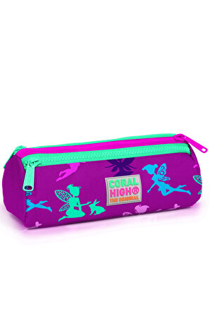 Coral High Kids Koyu Pembe Su Yeşili Peri Desenli Üç Bölmeli Kalem Çantası 22314