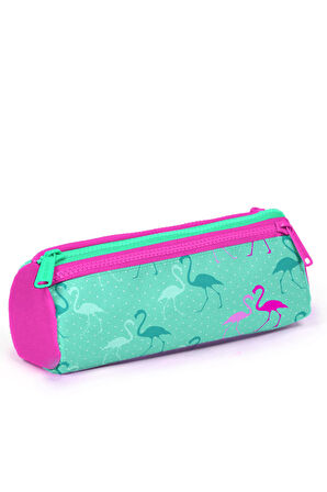 Coral High Kids Su Yeşili Neon Pembe Flamingo Desenli Üç Bölmeli Kalem Çantası 22315