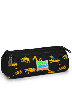 Coral High Kids Siyah Sarı İş Makinesi Desenli Üç Bölmeli Kalem Çantası 22328