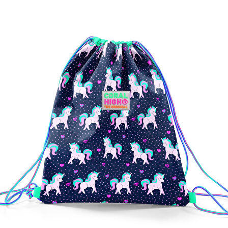 Coral High Kids Lacivert Pembe Unicorn Desenli İpli Büzgülü Sırt Çantası 22456