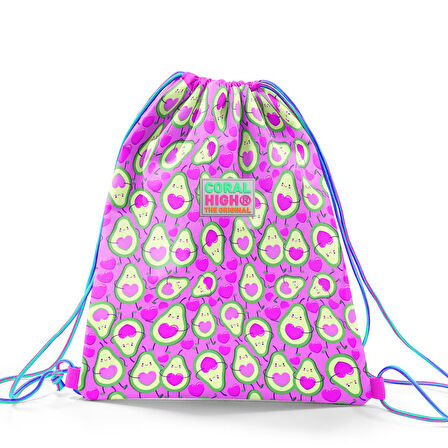 Coral High Kids Açık Pembe Su Yeşili Avokado Desenli İpli Büzgülü Sırt Çantası 22465