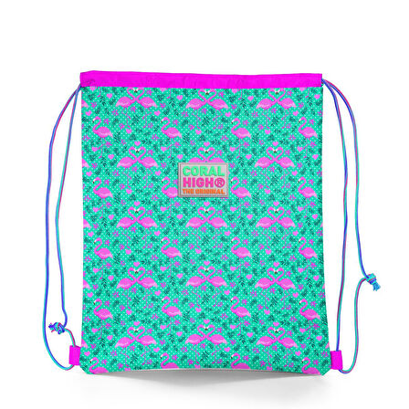 Coral High Kids Su Yeşili Pembe Flamingo Desenli İpli Büzgülü Sırt Çantası 22468