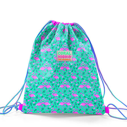 Coral High Kids Su Yeşili Pembe Flamingo Desenli İpli Büzgülü Sırt Çantası 22468