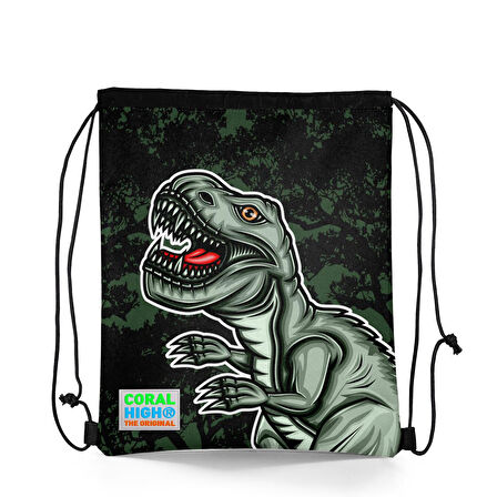 Coral High Kids Koyu Yeşil Siyah Dinozor Desenli İpli Büzgülü Sırt Çantası 22475