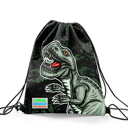 Coral High Kids Koyu Yeşil Siyah Dinozor Desenli İpli Büzgülü Sırt Çantası 22475