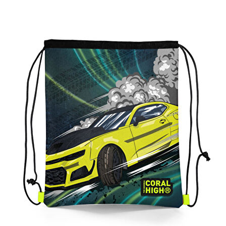 Coral High Kids Nefti Fosforlu Sarı Araba Desenli İpli Büzgülü Sırt Çantası 22480