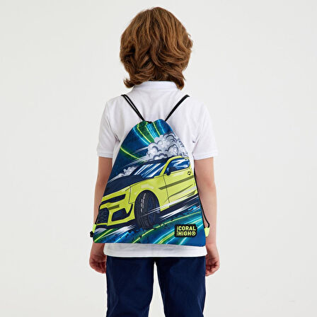 Coral High Kids Nefti Fosforlu Sarı Araba Desenli İpli Büzgülü Sırt Çantası 22480