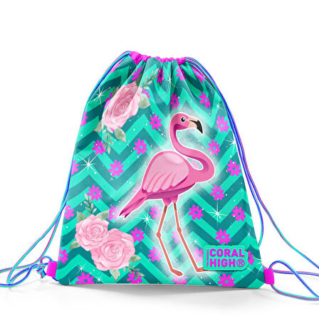 Coral High Kids Su Yeşili Pembe Flamingo Desenli İpli Büzgülü Sırt Çantası 22481