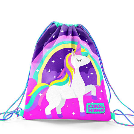 Coral High Kids Mor Su Yeşili Unicorn Desenli İpli Büzgülü Sırt Çantası 22483